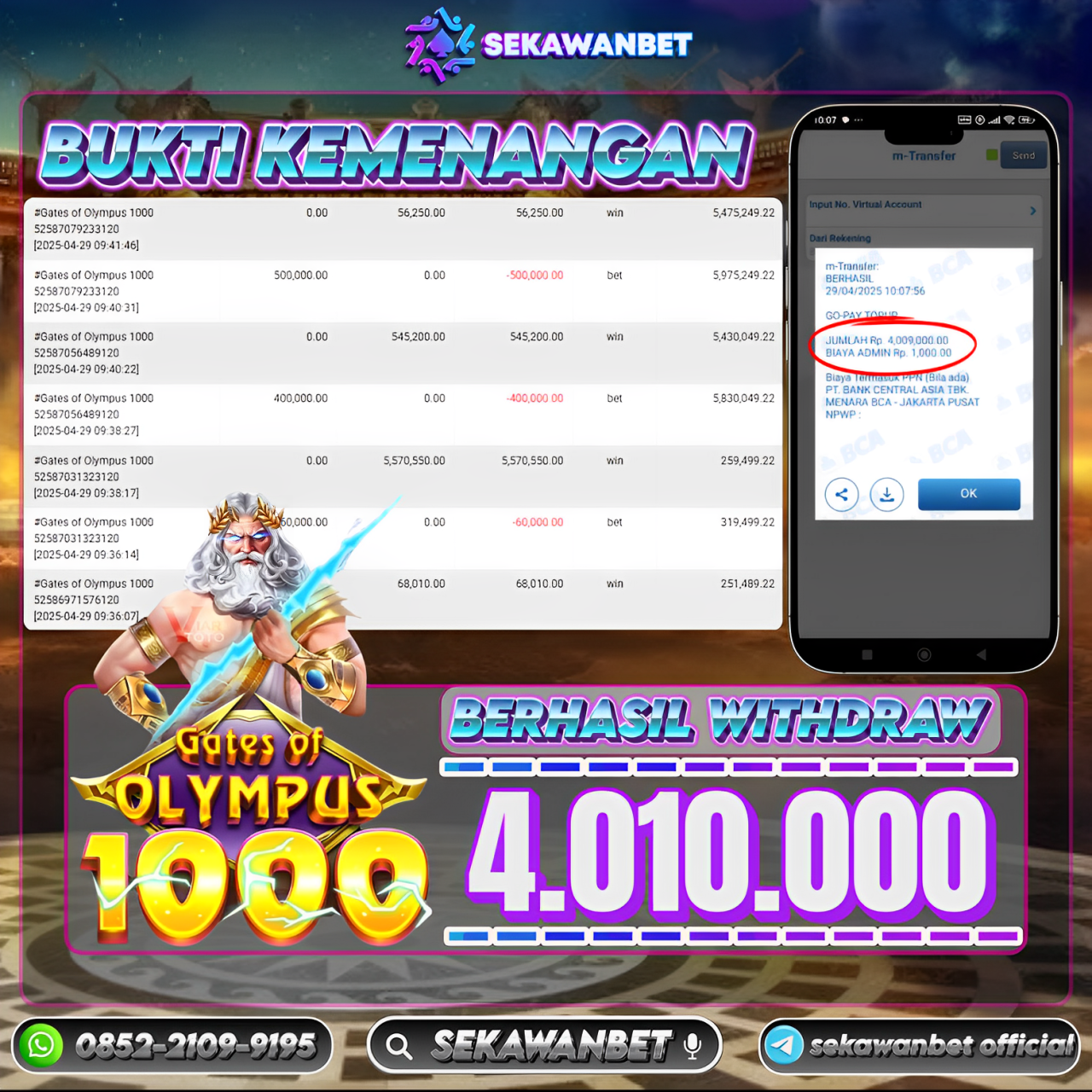 SEKAWANBET JACKPOT SLOT GATES OF OLYMPUS 1000 Rp.4.010.000,- LUNAS!!!