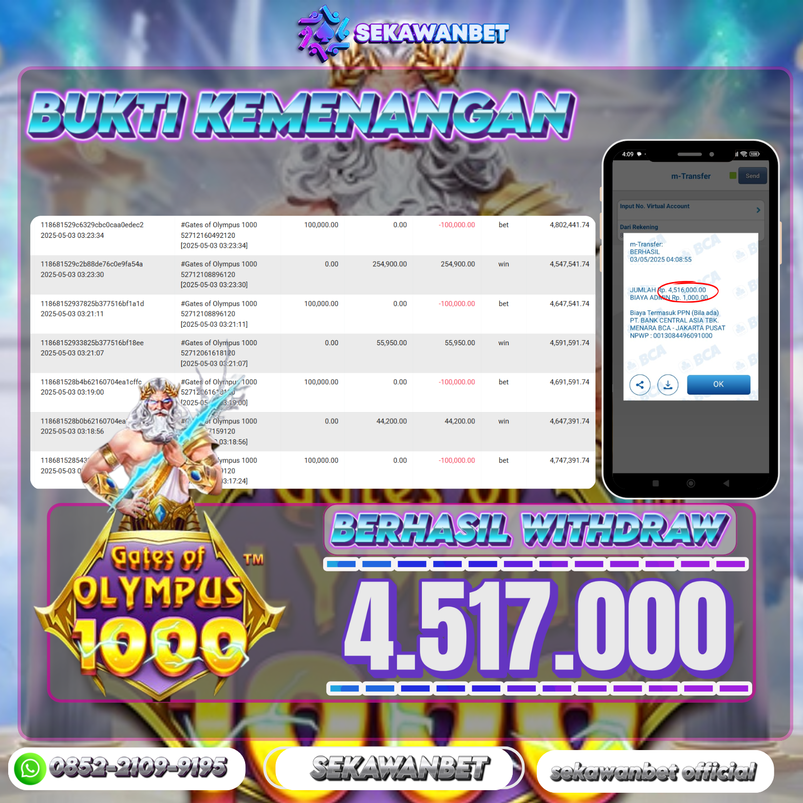 SEKAWANBET JACKPOT SLOT GATES OF OLYMPUS 1000 Rp.4.517.000,- LUNAS!!!
