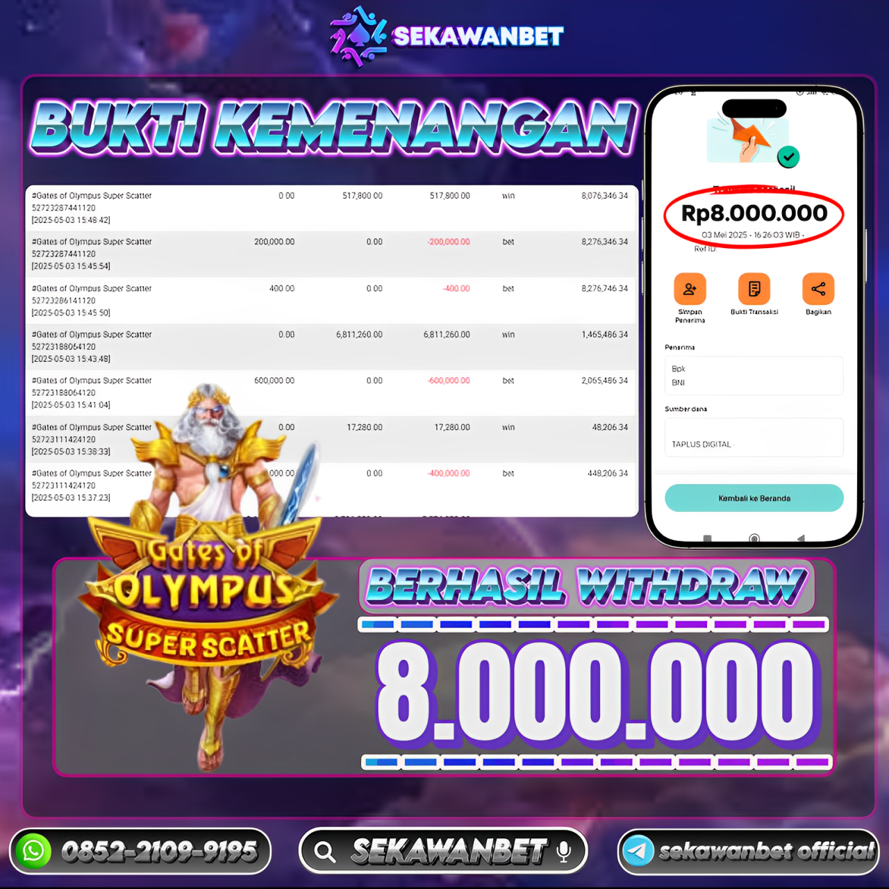 SEKAWANBET JACKPOT SLOT GATES OF OLYMPUS SUPER SCATTER Rp.8.000.000,- LUNAS!!!